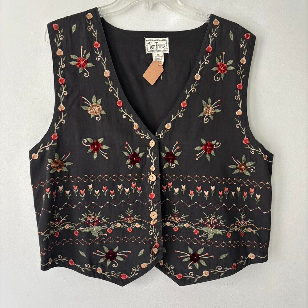 Vintage Cottagecore Grey Black Fairycore Velvet Floral Embroidered Vest - Large